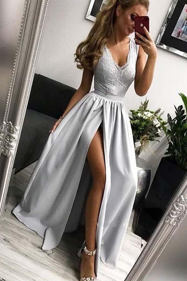 Elegant A Line V Neck Open Back Split Light Grey Lace Long Prom Dresses PG751 Pgmdress