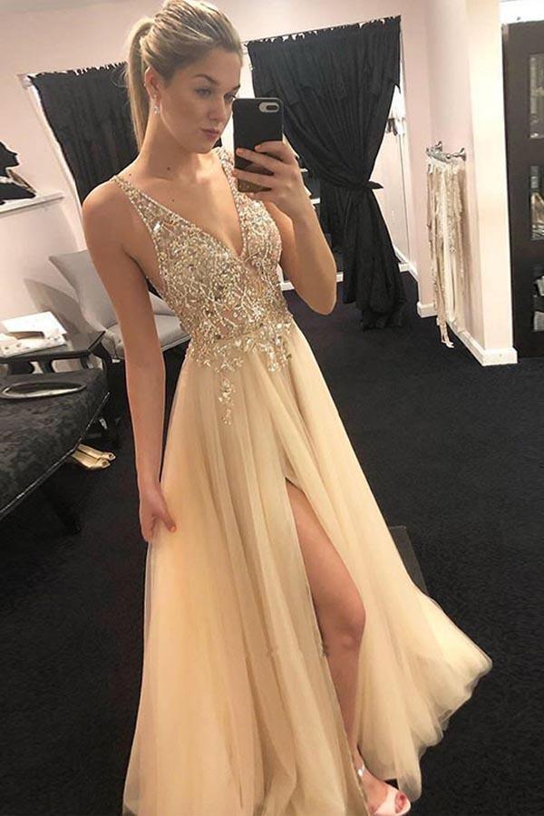 Elegant A Line V Neck Open Back Split Yellow Long Prom Dress PG716 US14 / Yellow