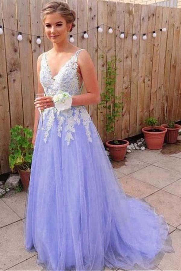 Elegant Blue Tulle A line V neck Lace Long Prom Dresses Formal Dresses PG848