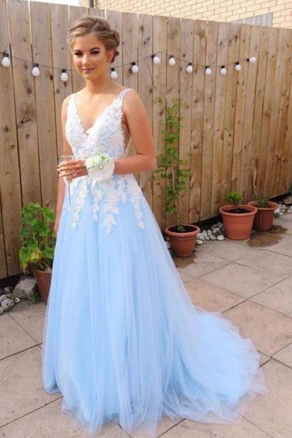 Elegant Blue Tulle A line V neck Lace Long Prom Dresses Formal