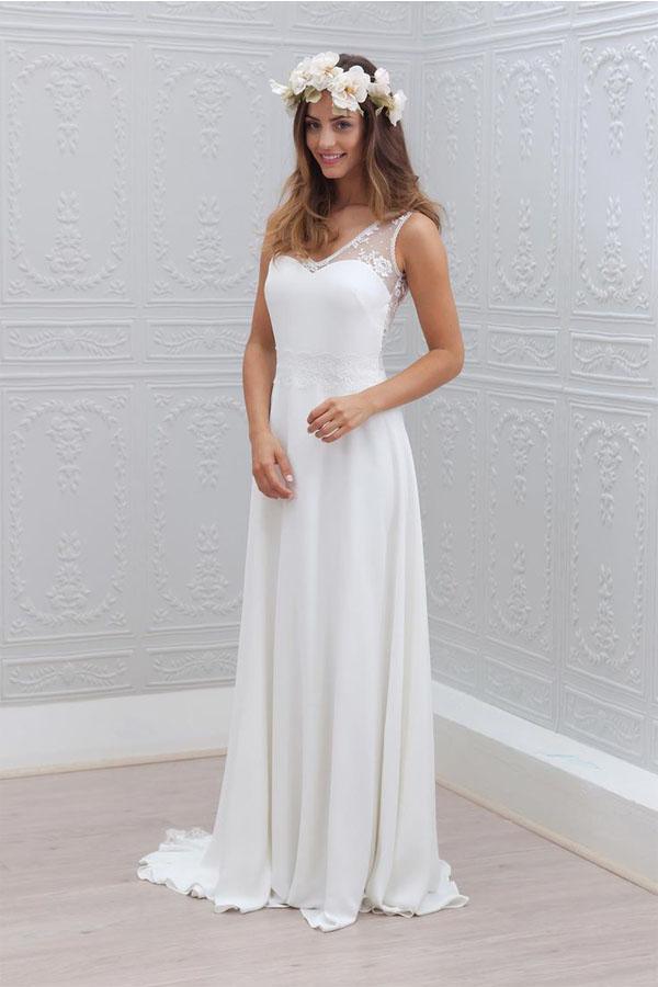 Elegant Chiffon V-Neck Lace Sleeveless White Wedding Dress WD121 Pgmdress Elegant Chiffon V-Neck Lace Sleeveless White Wedding Dress WD121 Pgmdress