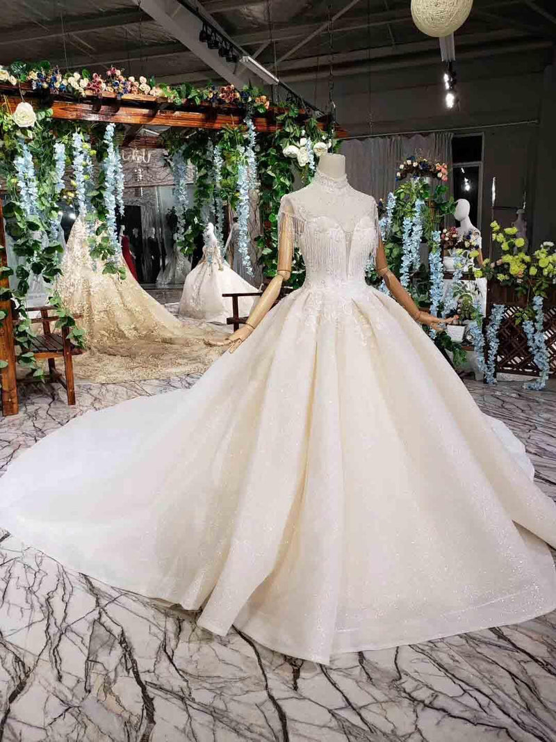 Elegant Cap Sleeves Ball Gown Beading High Neck Wedding Dress WD378 - Pgmdress