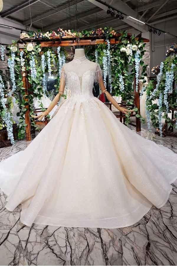 Elegant Cap Sleeves Ball Gown Beading High Neck Wedding Dress WD378 US12 / Ivory