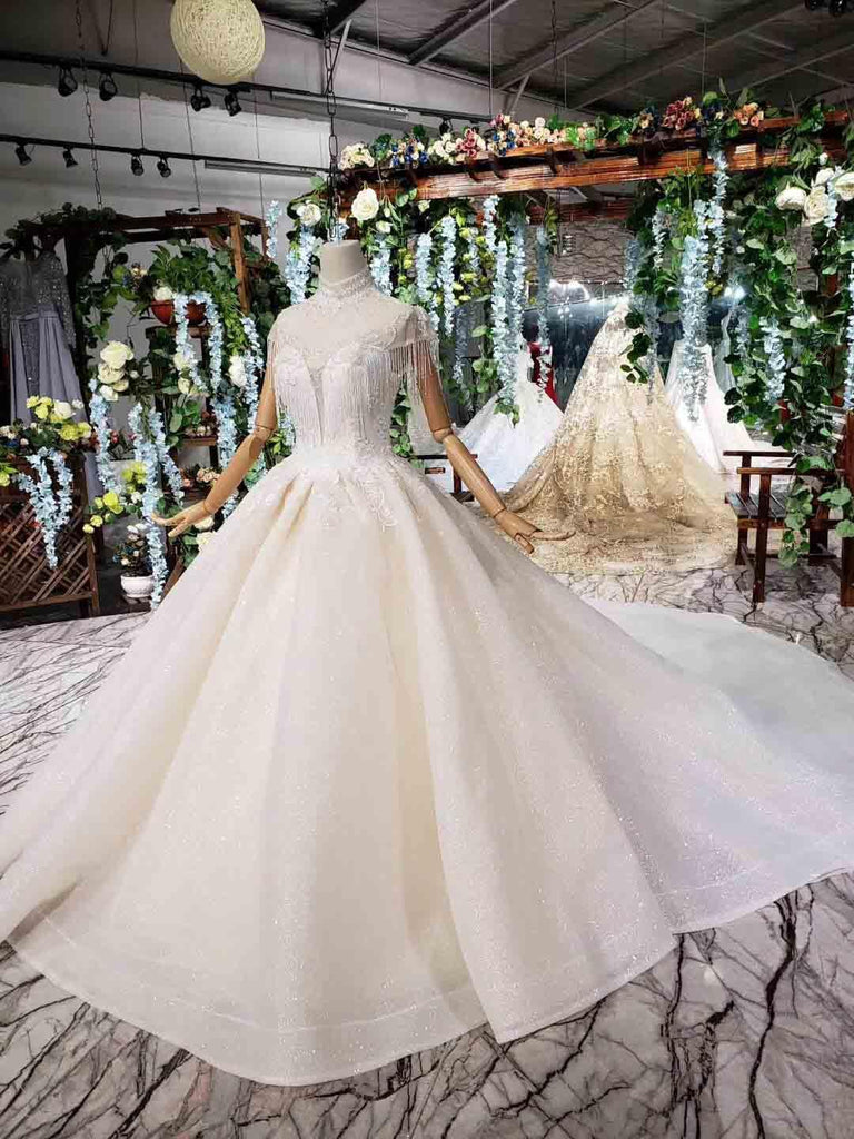 Elegant Cap Sleeves Ball Gown Beading High Neck Wedding Dress WD378 - Pgmdress