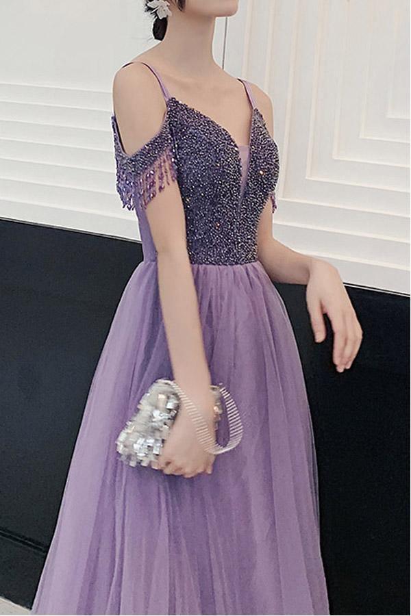 Elegant Cold Shoulder Beaded Lavender Long Prom/Party Dress PSK182 - Pgmdress