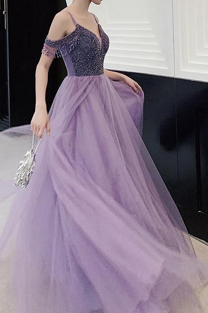 Elegant Cold Shoulder Beaded Lavender Long Prom/Party Dress PSK182 - Pgmdress