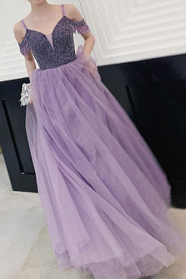 Elegant Cold Shoulder Beaded Lavender Long Prom/Party Dress PSK182 - Pgmdress