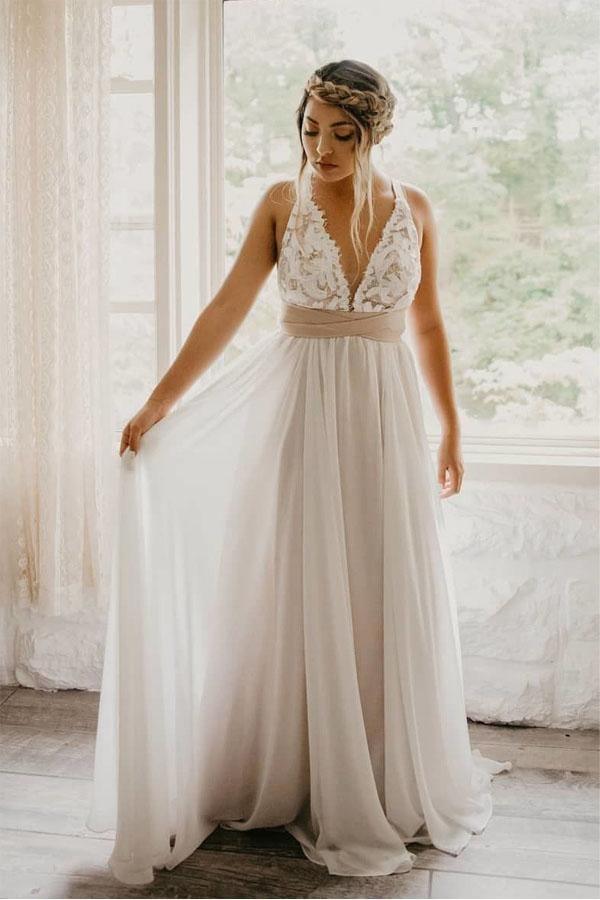 Elegant Criss Cross Deep V-Neck Wedding Dress with Waistband WD443 US0 / Ivory/Gray Elegant Criss Cross Deep V-Neck Wedding Dress with Waistband WD443 US0 / Ivory/Gray