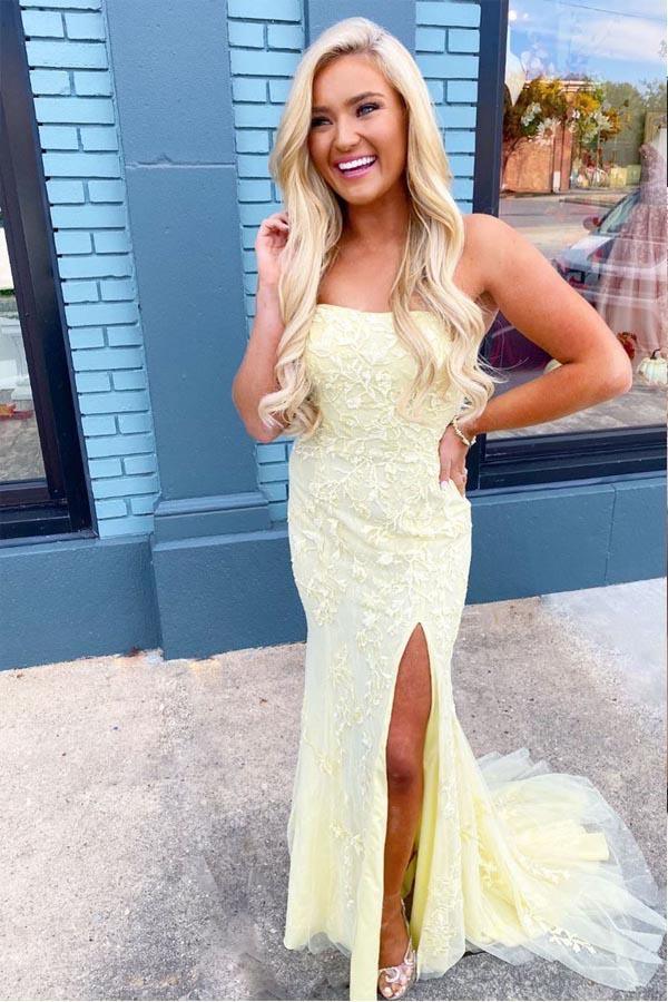 Elegant Fuchsia Strapless Lace Appliques Long Prom Dresses with Split PSK021 - Pgmdress