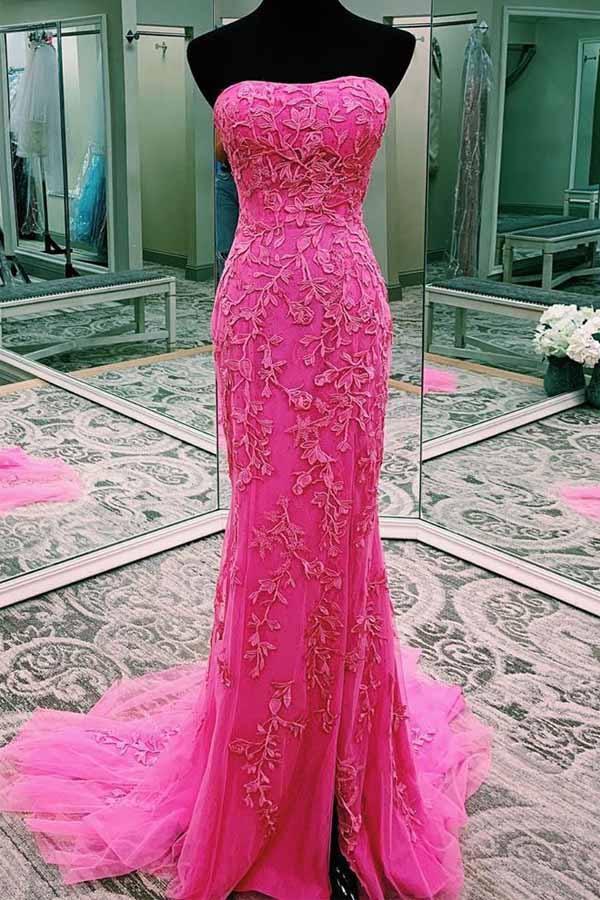 Cheap 2024 Hot Pink Lace Prom Dresses Strapless Sleeveless Formal Dress  with Split