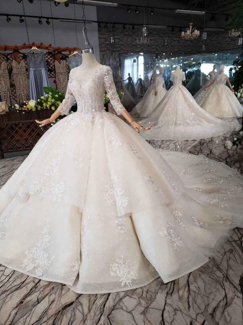 Elegant Half Sleeves Ball Gown Lace Layer Wedding Dress WD380 - Pgmdress