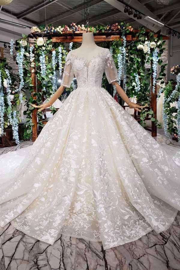 white fairy dress costume Classic Ball Gown Wedding Dress,Luxurious Wedding Gown with Cap Sleeves,WD00637, US4 / White main image 0