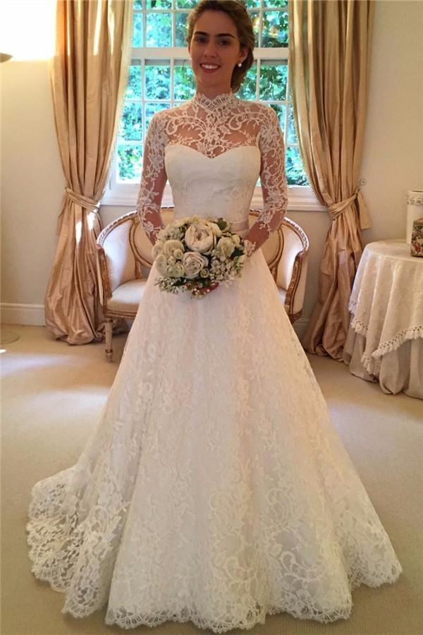 Elegant Lace A-line Long Sleeve High Neck Vintage Wedding Dress