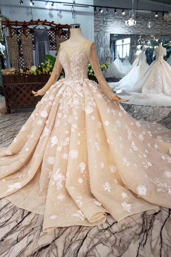Long Sleeves Ball Gown Beading Wedding Dress with Flowers WD377 US0 / Champagne Long Sleeves Ball Gown Beading Wedding Dress with Flowers WD377 US0 / Champagne