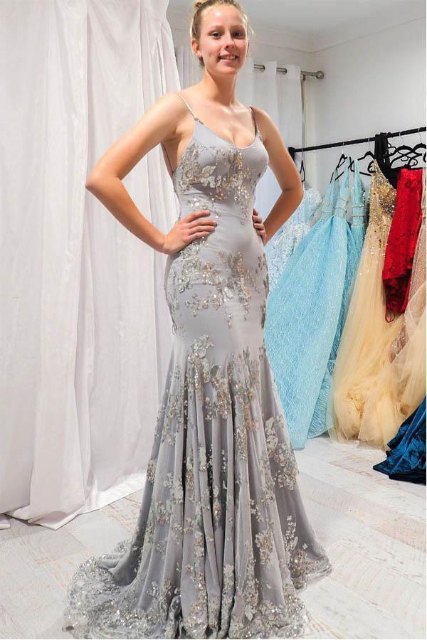 Elegant Mermaid Gray Long Prom Dress with Open Back PSK161 US18 / Gray Elegant Mermaid Gray Long Prom Dress with Open Back PSK161 US18 / Gray