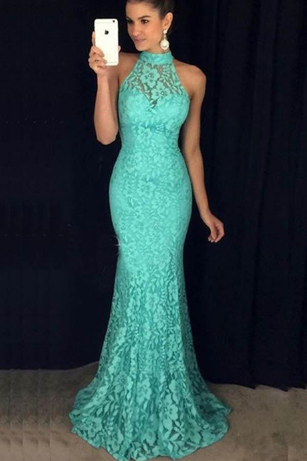 Elegant Mermaid Halter Open Back Peach Lace Long Prom Dress PG766 US4 / Green Elegant Mermaid Halter Open Back Peach Lace Long Prom Dress PG766 US4 / Green