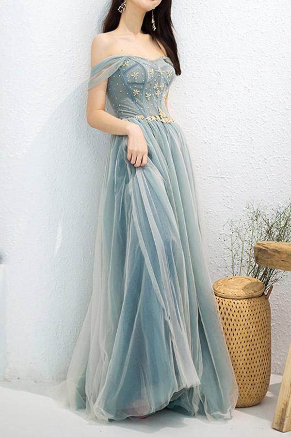 Elegant Off Shoulder A-Line Beaded Prom Dress with Appliques PSK183 US12 / Light Blue Elegant Off Shoulder A-Line Beaded Prom Dress with Appliques PSK183 US12 / Light Blue