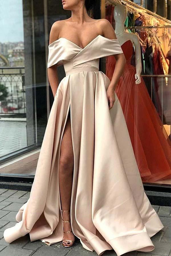 Elegant Off Shoulder Satin Split Sweep Train Prom/Formal Dress PG783 - Pgmdress