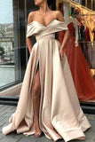 Elegantes schulterfreies Satin-Abschlussball-/formelles Kleid mit geteilter Schleppe PG783
