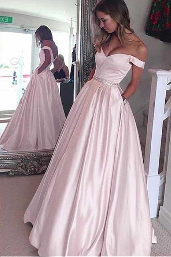 Elegant Satin Off-the-shoulder Neckline A-Line Prom Dresses With Beading PG503 - Pgmdress