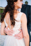 Elegant Scoop Neck Lace A Line Tulles Beach Wedding Dress WD034 - Pgmdress