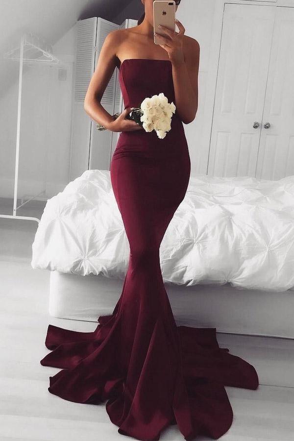 Elegant Strapless Mermaid Long Burgundy Prom Dress Bridesmaid Dress US2 / Burgundy