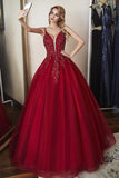 Elegant Straps Ball Gown Beaded Burgundy Long Prom Dress PSK180