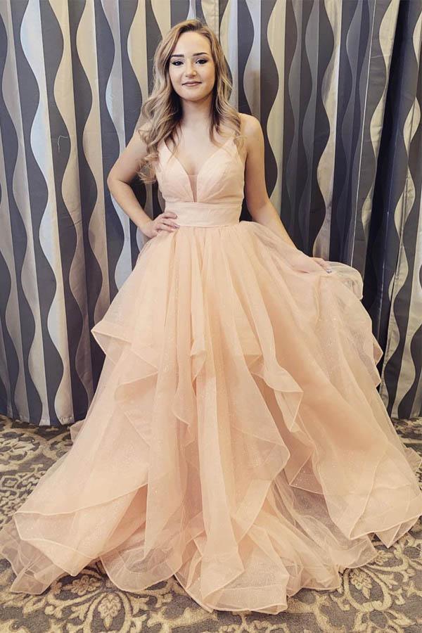 Elegant Straps Champagne Long Prom Dress with Ruffles PSK168 Pgmdress Elegant Straps Champagne Long Prom Dress with Ruffles PSK168 Pgmdress