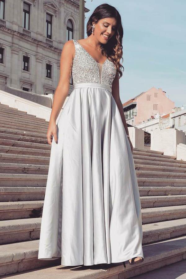 Elegant V Neck Beading Prom Dress Grey Satin Sleeveless Evening Dress PSK150 - Pgmdress