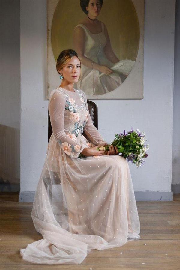 Embroidery Chic Open Back Long Sleeve Unique Wedding Dress PSK001 US6 / Nude Embroidery Chic Open Back Long Sleeve Unique Wedding Dress PSK001 US6 / Nude