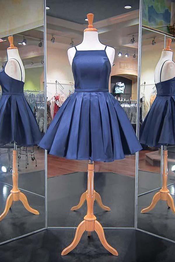 Fashion 2023 Navy Blue Spaghetti Straps Satin Homecoming Dresses US6 / Custom Color Fashion 2023 Navy Blue Spaghetti Straps Satin Homecoming Dresses US6 / Custom Color