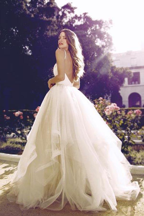 Glamorous Straps Ball Gowns Ivory Backless Tulle Wedding Dresses WD124 - Pgmdress