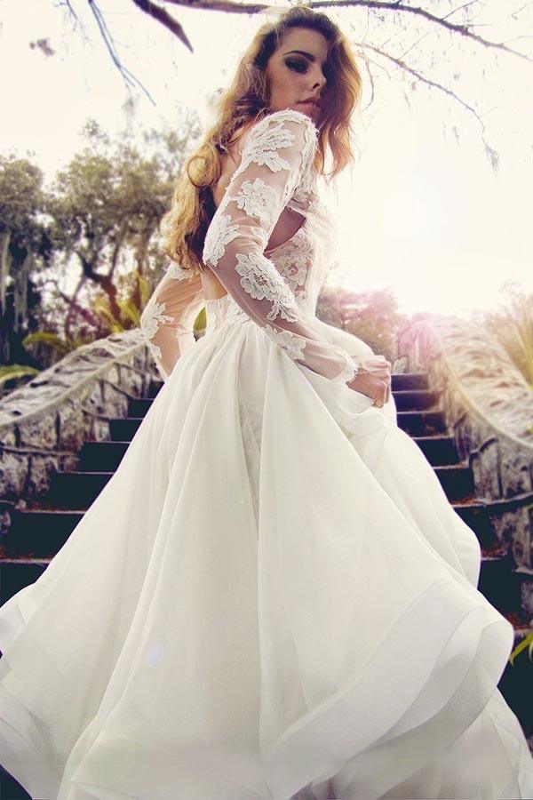 Glamorous V Neck Long Sleeves Lace Organza Wedding Dresses US6 / Ivory Glamorous V Neck Long Sleeves Lace Organza Wedding Dresses US6 / Ivory