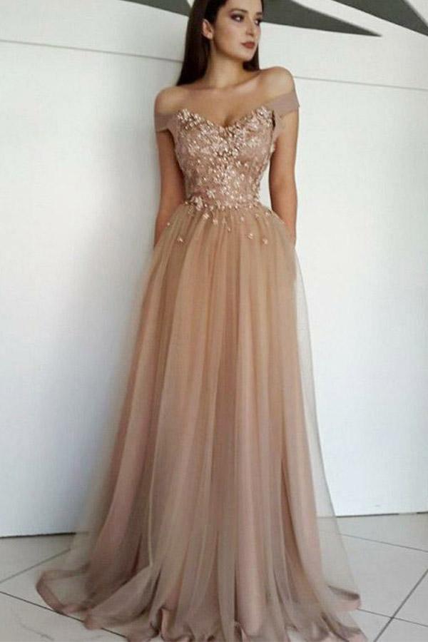 Glamour Off Shoulder Chiffon Champagne Prom Dress with Beaded PG746 US12 / Custom Color Glamour Off Shoulder Chiffon Champagne Prom Dress with Beaded PG746 US12 / Custom Color