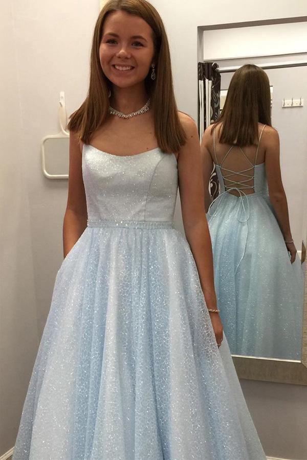 Glitter Princess Lace-Up Pink Long Prom Dress Evening Dress PSK213 US18 / Light Sky Blue Glitter Princess Lace-Up Pink Long Prom Dress Evening Dress PSK213 US18 / Light Sky Blue