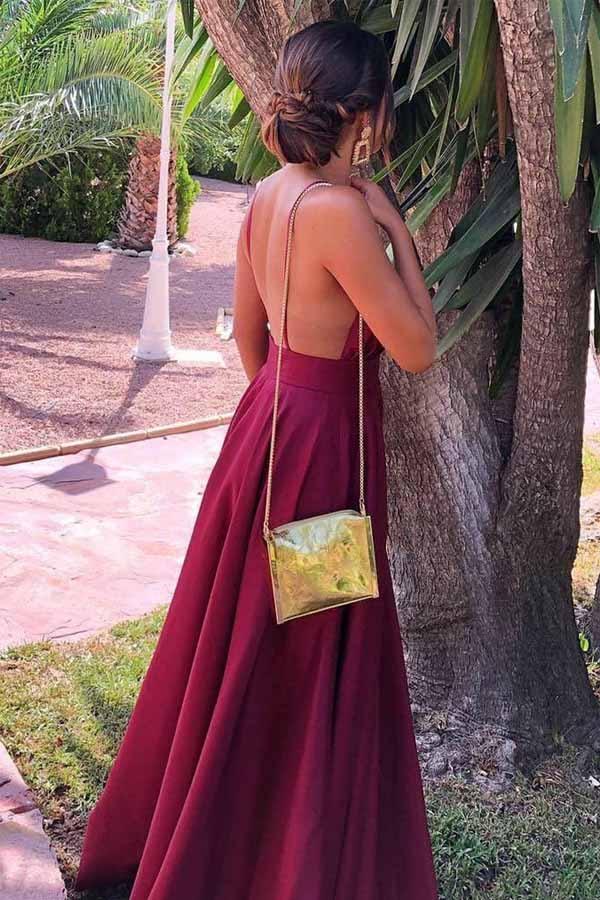 Gorgeous A-line V Neck Burgundy Satin Long Prom/Formal Dress PM209 - Pgmdress