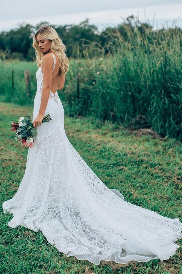 Gorgeous Lace Ivory Mermaid Sweetheart Rustic Wedding Dresses WD512 - Pgmdress