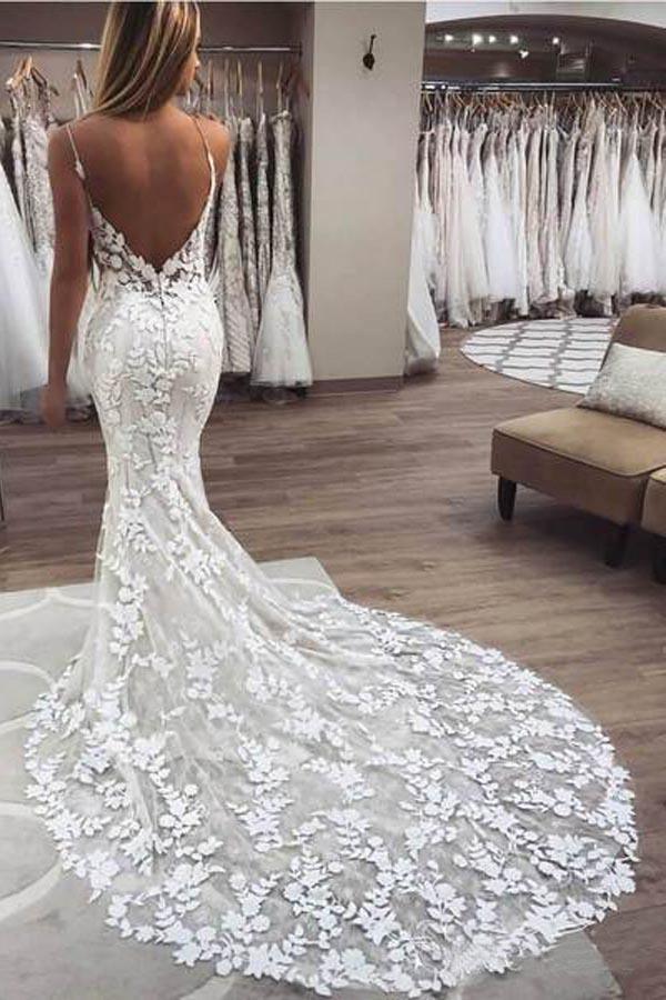 Gorgeous Mermaid Straps Open Back Lace Boho Wedding Dresses WD305