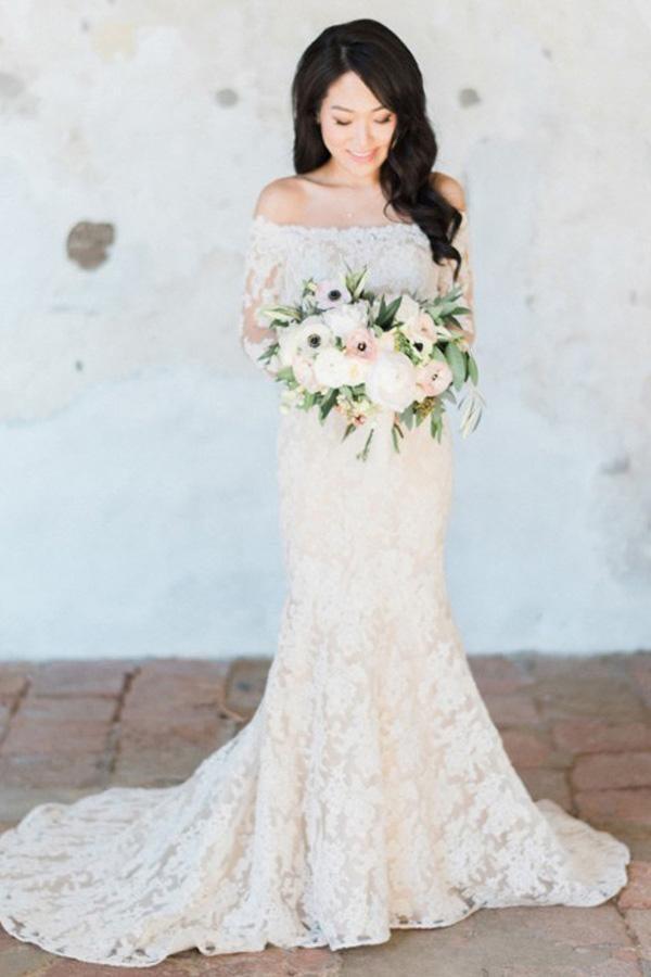 Gorgeous Off Shoulder Ivory Long Sleeves Mermaid Wedding Dress WD119 US2 / Custom Color