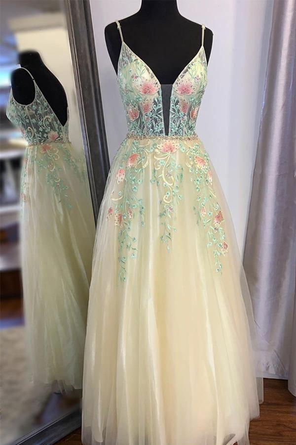 Gorgeous Straps A-Line Floral Embroidered Long Prom Dress PSK195 US16 / As Picture Gorgeous Straps A-Line Floral Embroidered Long Prom Dress PSK195 US16 / As Picture