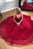 Gorgeous Straps V Neck Burgundy Lace Appliques Long Prom Dress PM241 - Pgmdress