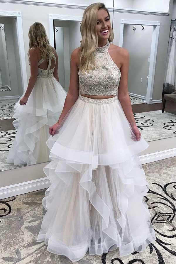 Gorgeous Two Piece High Neck Tulle Ivory Prom Dress With Beads PG865 US16 / Ivory Gorgeous Two Piece High Neck Tulle Ivory Prom Dress With Beads PG865 US16 / Ivory