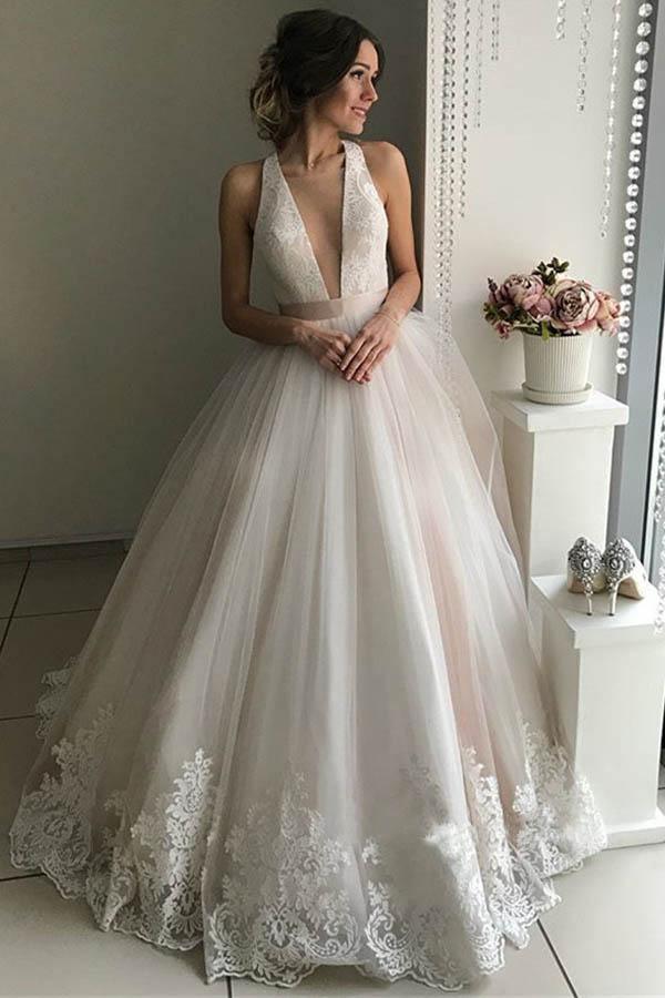 ivory bridal dresses Gorgeous V-Neck Sleeveless Tulle Wedding Dress Bridal Gown WD306 Custom Size / Ivory/Pink
