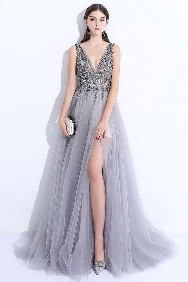 Gray A-line V Neck Tulle Split Prom Evening Dresses With Beading PG674 - Pgmdress