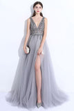 Gray A-line V Neck Tulle Split Prom Evening Dresses With Beading PG674 - Pgmdress