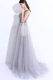 Gray A-line V Neck Tulle Split Prom Evening Dresses With Beading PG674 - Pgmdress