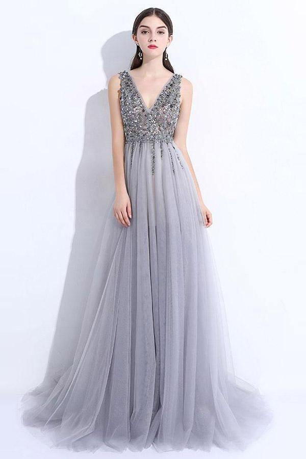 A-line V Neck Tulle Split Gray Prom Dress With Beading PG674 US14 / Custom Color
