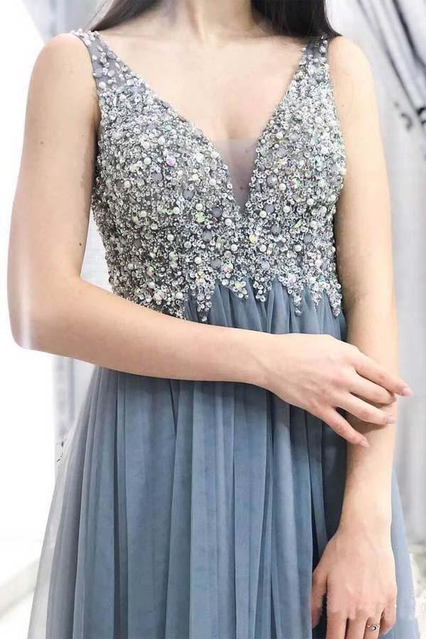 Grey Beaded Long Prom Dresses V Neck Tulle Long Evening Dress PG890 - Pgmdress