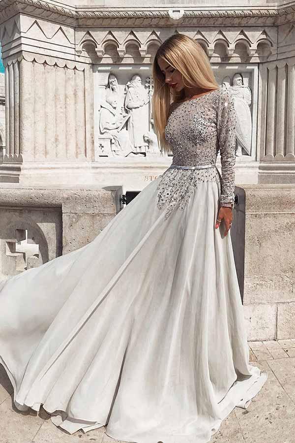 Long Sleeves Backless Chiffon White Prom Dress with Beading PG739