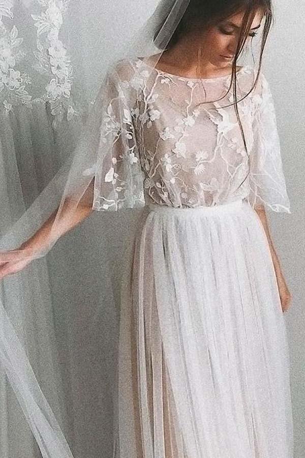 Half Sleeve Wedding Dress Elegant Romantic Lace Bridal Gown WD424 US10 / White Half Sleeve Wedding Dress Elegant Romantic Lace Bridal Gown WD424 US10 / White